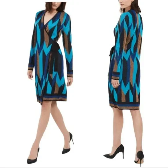 INC International Concepts | Dresses | Nwt Inc Blue Gold Chevron Wrap  Sweater Dress | Poshmark